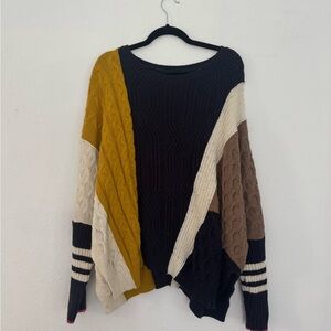 Anthropologie Black and Cream Crew Neck Sweater Modern Knit